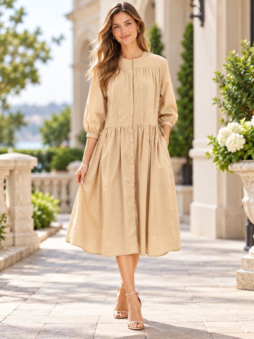Merlette Solid Cotton Poplin Beige Buttondown Midi Dress Oversized M 276960